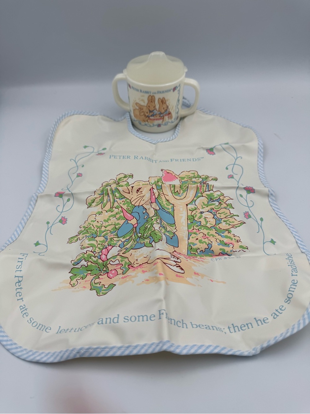 VTG 1993 Peter Rabbit Eden Baby Bib Sippy Cup Set Beatrix Potter